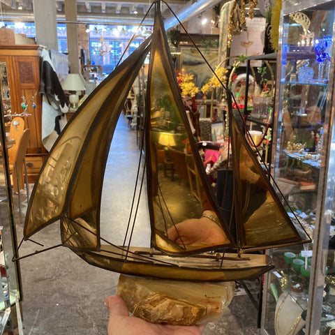 Signed vintage brass ship on marble base (15x15 in)