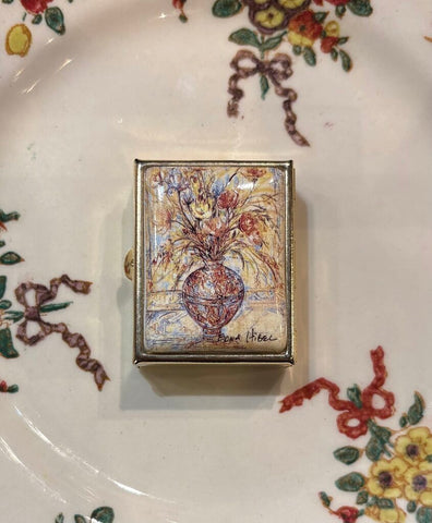 VINTAGE ITALIAN PILL BOX WITH EDNA HIBEL FLORAL STILL LIFE PRINT ON CERAMIC