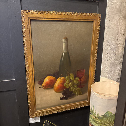 Antique Oil on Board Still life Wine and Fruit Signed and Dated 15x21 overall