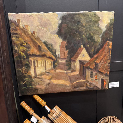 Signed Antique Village Scene Oil on Linen Painting E.L. Toft 19x16"