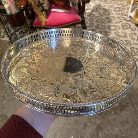 Antique English hand chased round gallery tray, 10"