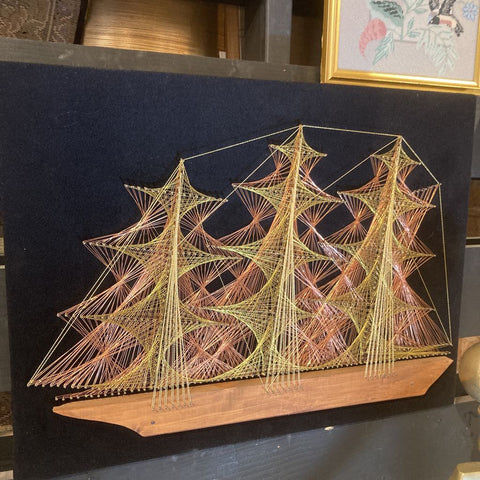Mixed Metal wire art ship, mid century (17x23 in)