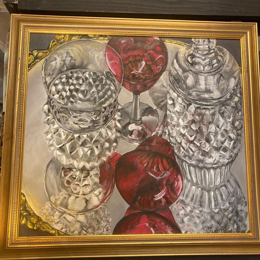 Original signed oil painting "Glasses on Mirror" by Jan Van Bergen (25" wide)