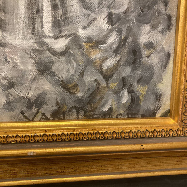 Original signed oil painting "Glasses on Mirror" by Jan Van Bergen (25" wide)