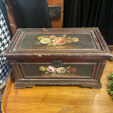 Vintage Wooden Keepsake Box Tole Painted Florals On Top Large