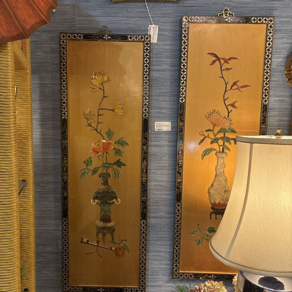 Asian Wood Panels with raised floral pattern - AS IS . 36 inches tall /12 inches wide