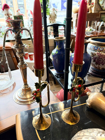 Pair brass 8 inch trumpet candleholders