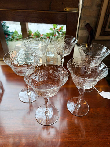 Set of 6 etched crystal vintage martini glasses-circa 1930
