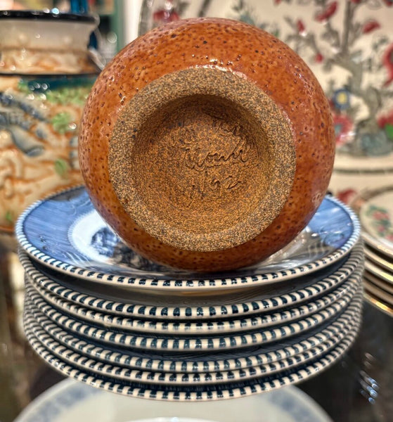 SIGNED HAND THROWN POTTERY FOOTED BOWL CUP W/SPECKLED SHINO GLAZE | 4"H X 3.75"W