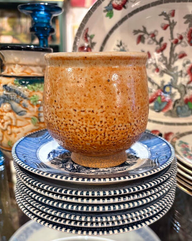 SIGNED HAND THROWN POTTERY FOOTED BOWL CUP W/SPECKLED SHINO GLAZE | 4"H X 3.75"W