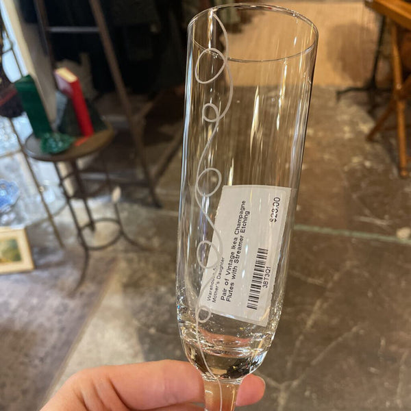 Pair of Vintage Ikea Champagne Flutes with Streamer Etching