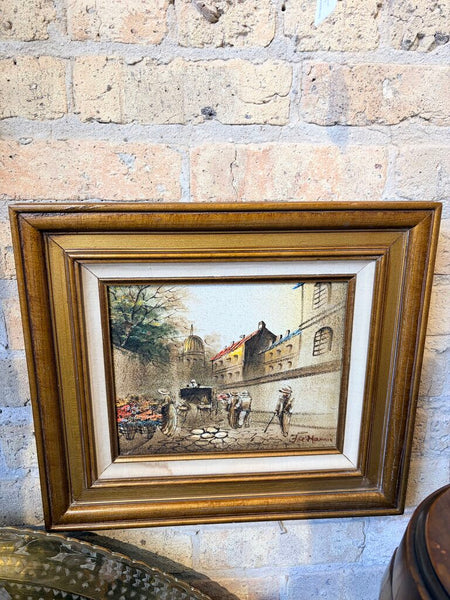 Vintage oil on canvas flower market approximately 16 x 14 signed by Joe Mannix