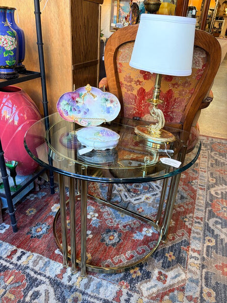 Postmodern, brass and glass beveled table approx 19x26x22.5t for pick up only