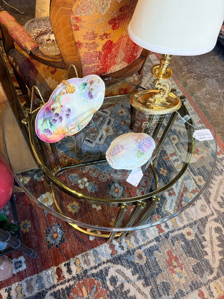 Postmodern, brass and glass beveled table approx 19x26x22.5t for pick up only