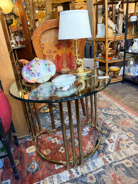 Postmodern, brass and glass beveled table approx 19x26x22.5t for pick up only