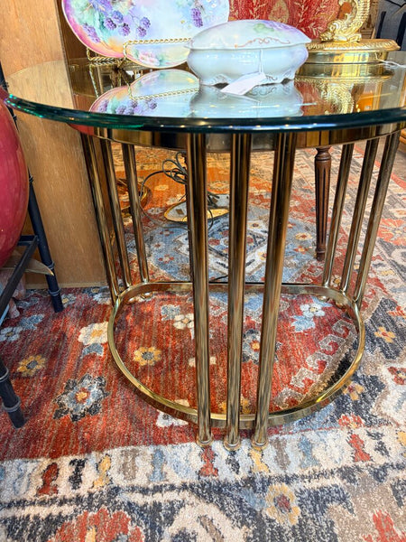 Postmodern, brass and glass beveled table approx 19x26x22.5t for pick up only