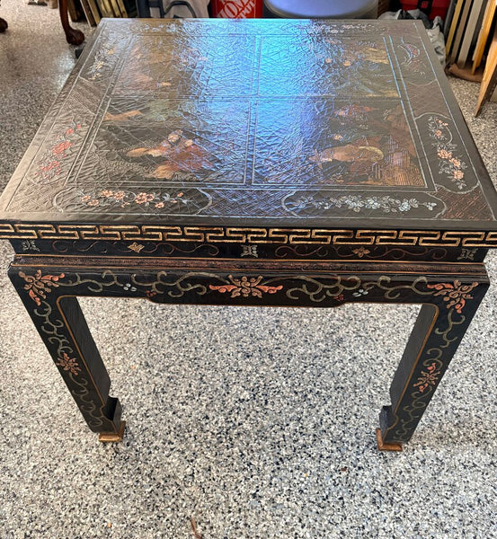 Vintage Baker Chinoiserie Ebonized lamp table with intricate scenes, 2 available priced individually for pick up only approx 26.5 x 26.5 x 24.5t