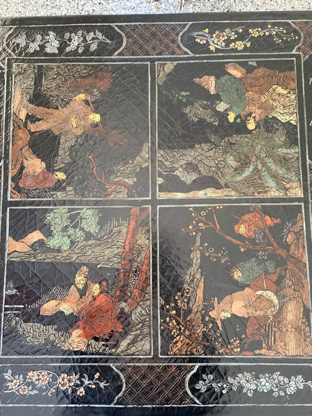 Vintage Baker Chinoiserie Ebonized lamp table with intricate scenes, 2 available priced individually for pick up only approx 26.5 x 26.5 x 24.5t