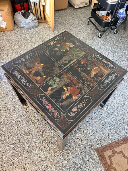 Vintage Baker Chinoiserie Ebonized lamp table with intricate scenes, 2 available priced individually for pick up only approx 26.5 x 26.5 x 24.5t