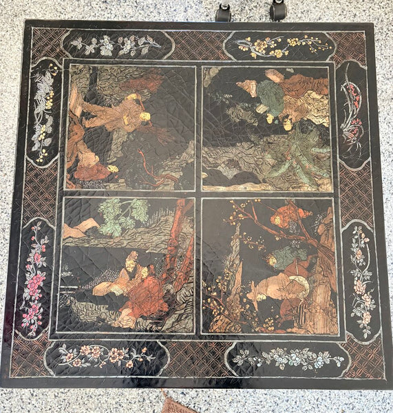 Vintage Baker Chinoiserie Ebonized lamp table with intricate scenes, 2 available priced individually for pick up only approx 26.5 x 26.5 x 24.5t