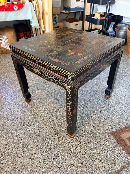 Vintage Baker Chinoiserie Ebonized lamp table with intricate scenes, 2 available priced individually for pick up only approx 26.5 x 26.5 x 24.5t