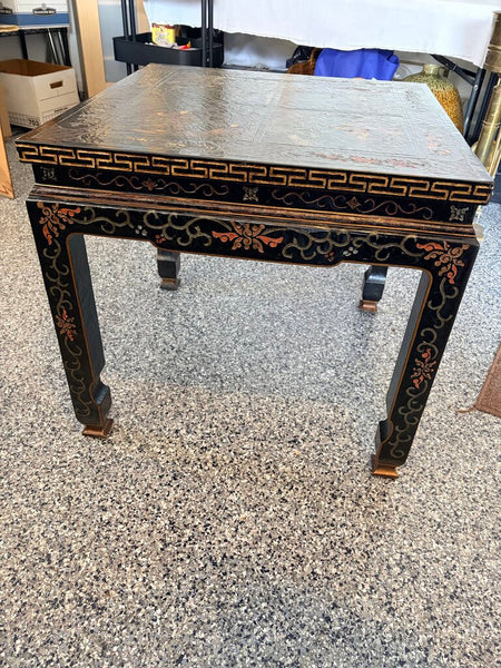 Vintage Baker Chinoiserie Ebonized lamp table with intricate scenes, 2 available priced individually for pick up only approx 26.5 x 26.5 x 24.5t