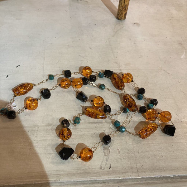 Vintage amber, jet & turquoise station necklace (28 in. long)