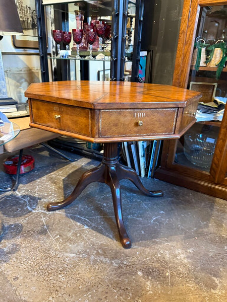 Leather topped side table with drawers lined in marbled paper and labeled by day 31S 27T