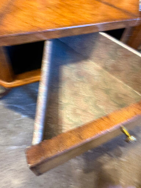 Leather topped side table with drawers lined in marbled paper and labeled by day 31S 27T