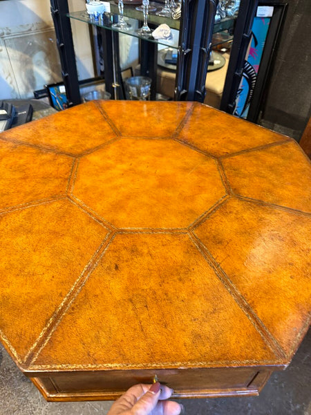 Leather topped side table with drawers lined in marbled paper and labeled by day 31S 27T