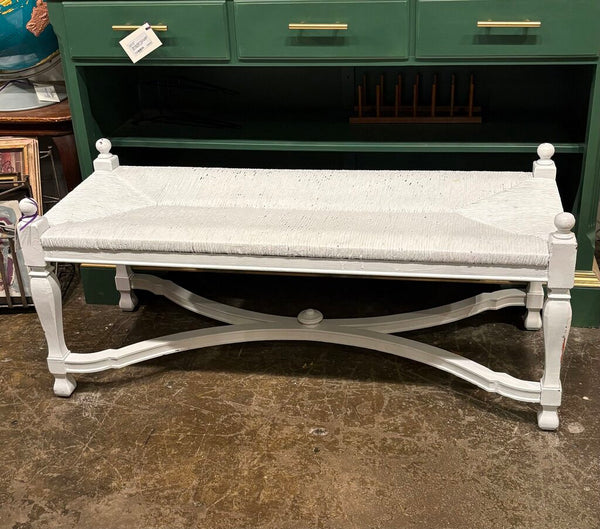 VINTAGE WHITE PAINTED BENCH WITH RUSH SEAT | 42"W X 15.5"H(SEAT) X 17"D X 18.25"H(FINIAL)