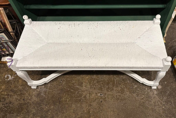 VINTAGE WHITE PAINTED BENCH WITH RUSH SEAT | 42"W X 15.5"H(SEAT) X 17"D X 18.25"H(FINIAL)
