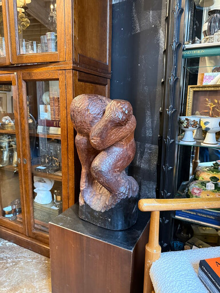 Vintage wood sculpture hand carved of the thinker 25T 15D 12W
