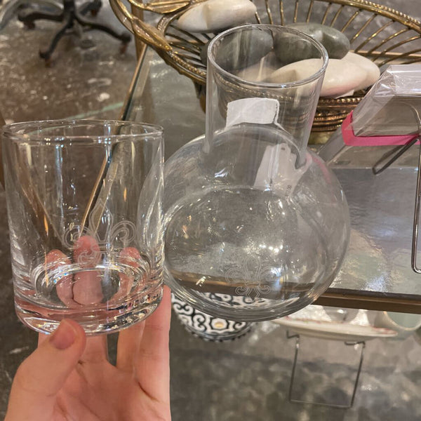 Fleur De Lis Glass Bedside Water Carafe - Jug and Cup Set