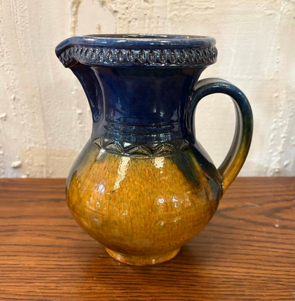 VINTAGE POTTERY PITCHER DONE IN DEEP BLUE DRIP GLAZE | 7.25"H X 6.5"W