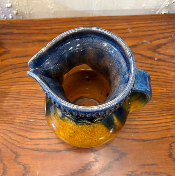VINTAGE POTTERY PITCHER DONE IN DEEP BLUE DRIP GLAZE | 7.25"H X 6.5"W