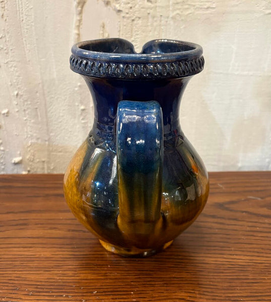 VINTAGE POTTERY PITCHER DONE IN DEEP BLUE DRIP GLAZE | 7.25"H X 6.5"W