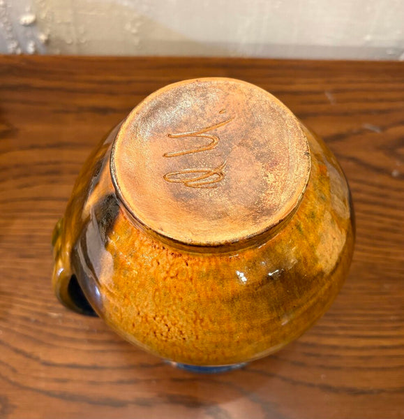 VINTAGE POTTERY PITCHER DONE IN DEEP BLUE DRIP GLAZE | 7.25"H X 6.5"W