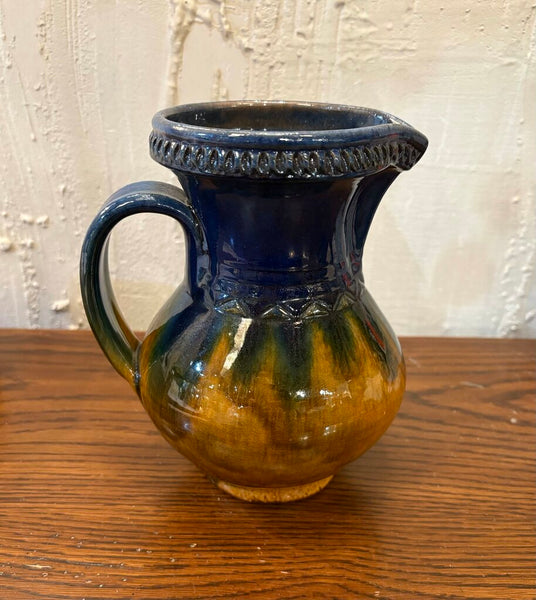VINTAGE POTTERY PITCHER DONE IN DEEP BLUE DRIP GLAZE | 7.25"H X 6.5"W