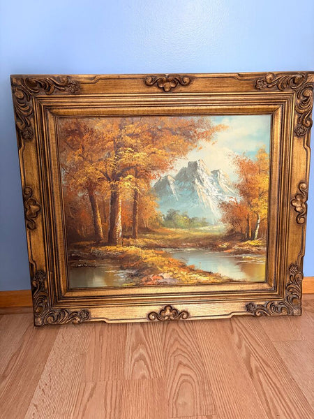 Scenic mountainous oil on canvas painting by Williams with ornate gold guilt frame-approx 32x28 for pick up only