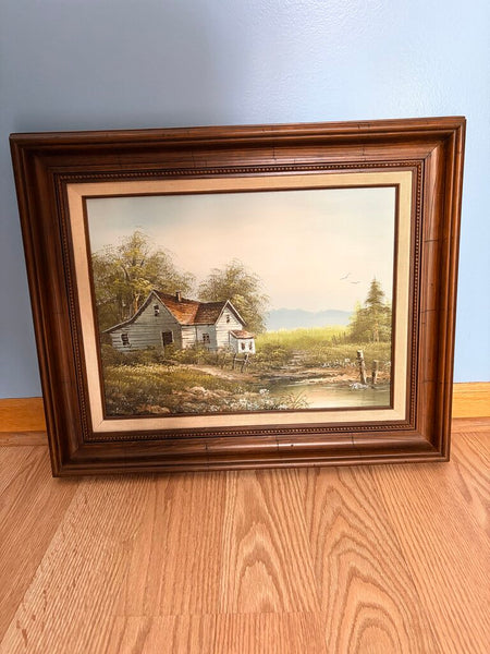 Scenic country cabin oil on canvas by Peters for pick up only approx 22x18