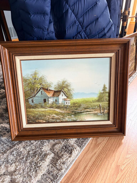 Scenic country cabin oil on canvas by Peters for pick up only approx 22x18