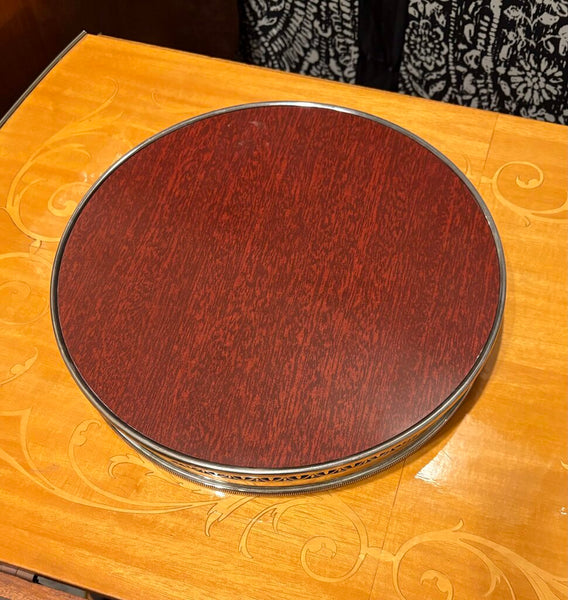 SILVER FLEUR DE LIS GALLERY TRAY WITH FAUX ROSEWOOD | 10"W
