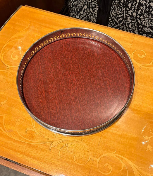 SILVER FLEUR DE LIS GALLERY TRAY WITH FAUX ROSEWOOD | 10"W