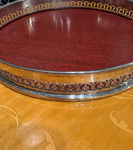 SILVER FLEUR DE LIS GALLERY TRAY WITH FAUX ROSEWOOD | 10"W
