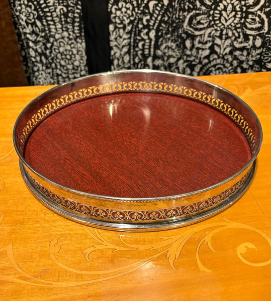 SILVER FLEUR DE LIS GALLERY TRAY WITH FAUX ROSEWOOD | 10"W