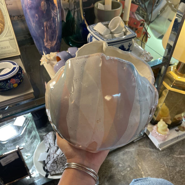 Clam Shaped Large Studio Pottery Piece Signed - Pastel Blue, Pink, Purple, and White