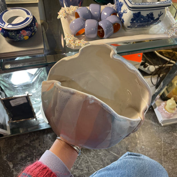 Clam Shaped Large Studio Pottery Piece Signed - Pastel Blue, Pink, Purple, and White