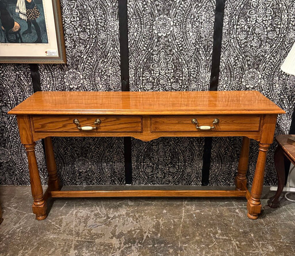 VINTAGE THOMASVILLE CONSOLE TABLE TURNED LEGS, DRAWERS & BRASS PULLS | 56"W x 16"D x 28"H