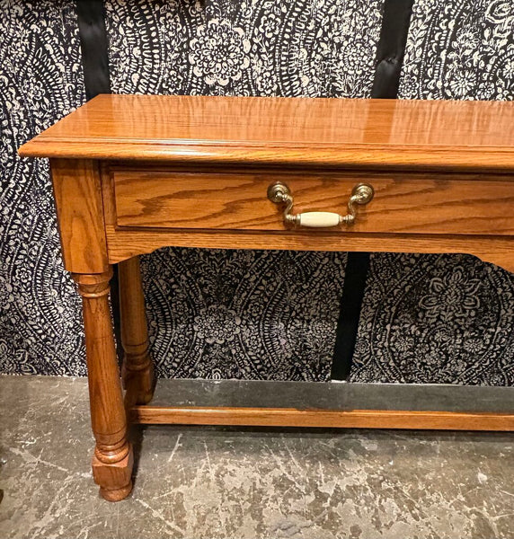 VINTAGE THOMASVILLE CONSOLE TABLE TURNED LEGS, DRAWERS & BRASS PULLS | 56"W x 16"D x 28"H